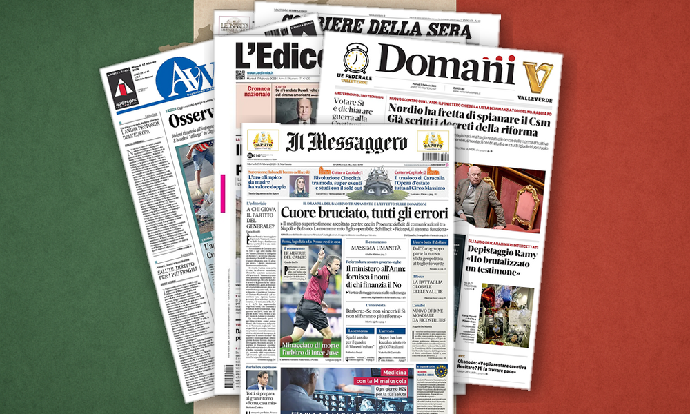 Collage delle prime pagine analizzate: Gaza, toghe e Niscemi dividono le prime pagine
