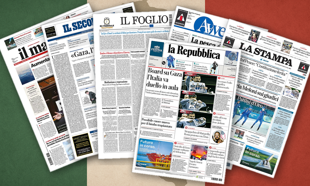 Collage delle prime pagine analizzate: Gaza divide, toghe infiammano, Napoli commuove