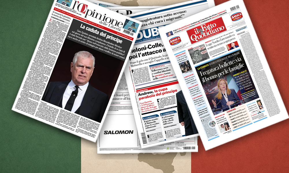 Collage delle prime pagine analizzate: Giustizia, Trump e Windsor dividono le prime pagine