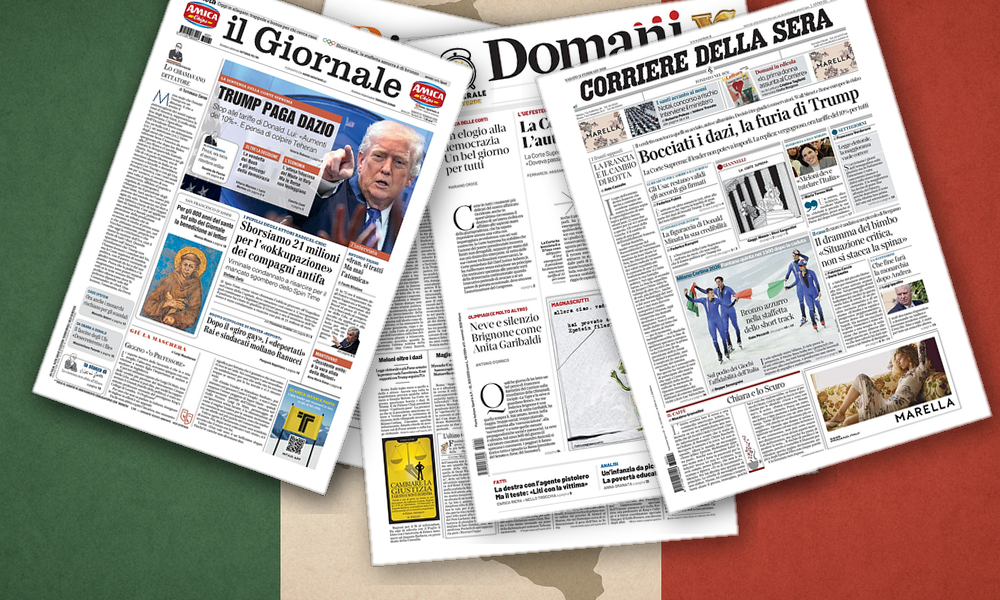Collage delle prime pagine analizzate: Dazi, toghe e dolore: lo specchio dei giornali