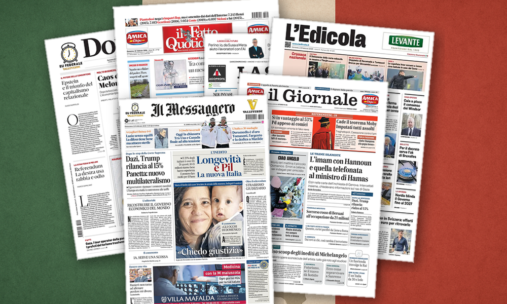 Collage delle prime pagine analizzate: Dolore, dazi e orgoglio: l’Italia divisa in prima pagina