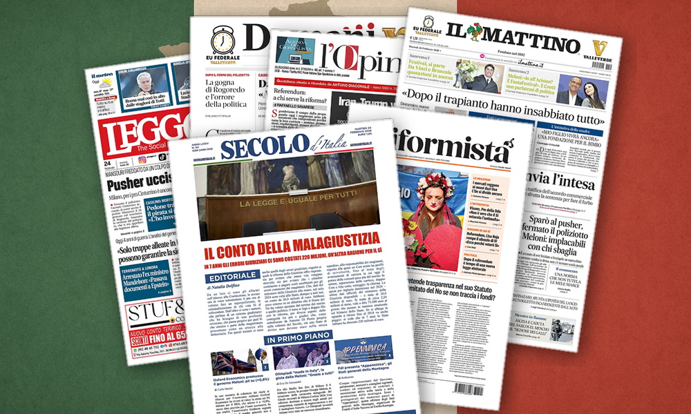 Collage delle prime pagine analizzate: Rogoredo, Ucraina e dazi agitano l’informazione