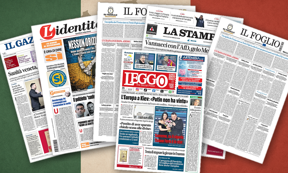 Collage delle prime pagine analizzate: Ucraina, giustizia e show: fronti italiani