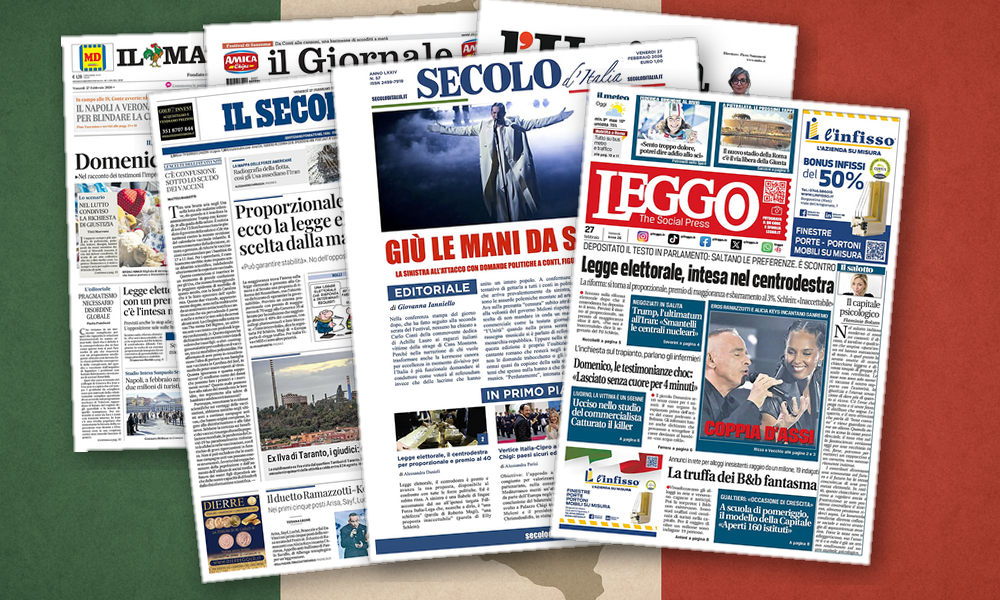 Collage delle prime pagine analizzate: Stabilicum, Domenico e Iran dividono l’Italia
