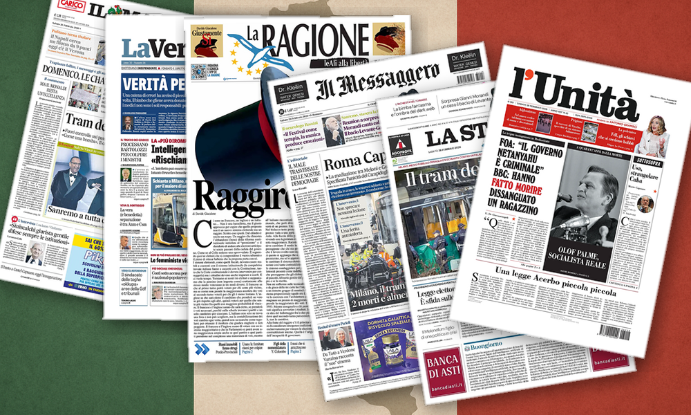 Collage delle prime pagine analizzate: Tram, Iran e legge elettorale dividono i giornali