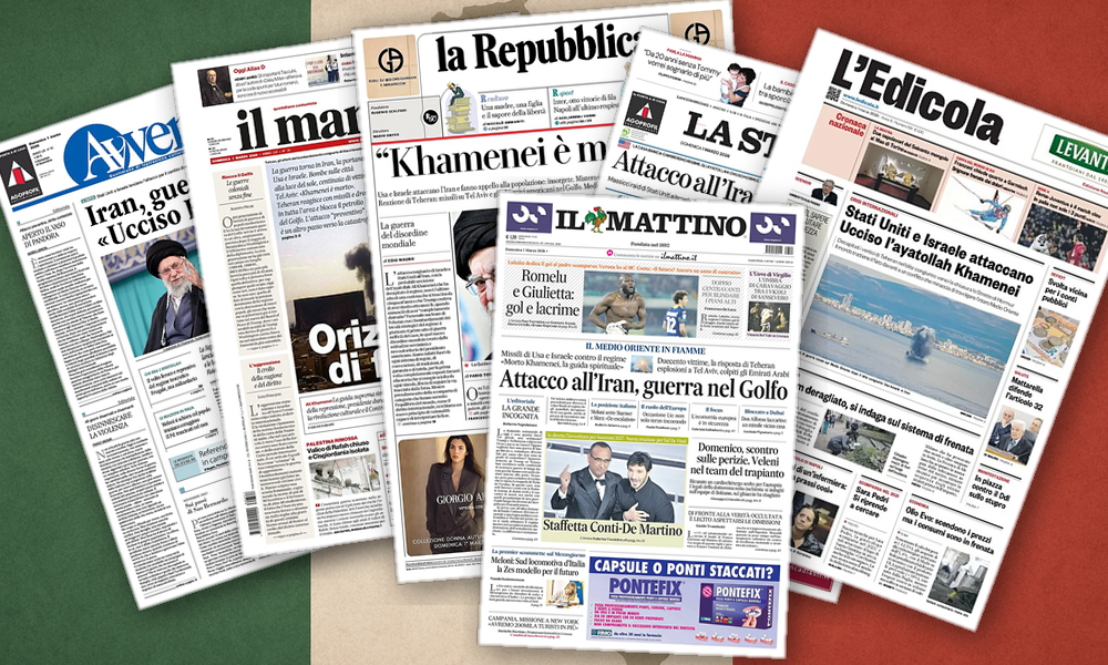 Collage delle prime pagine analizzate: Iran in fiamme, Italia in bilico