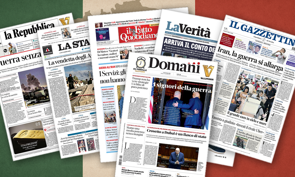 Collage delle prime pagine analizzate: Guerra in Iran, Italia tra paura e calcoli