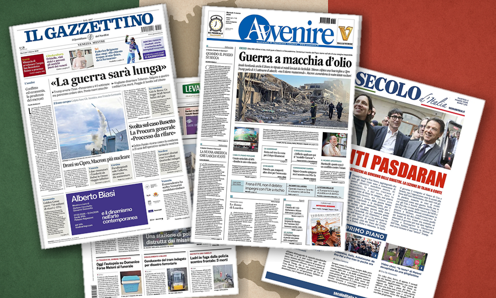 Collage delle prime pagine analizzate: Iran, Libano, Cipro: fronti e fratture