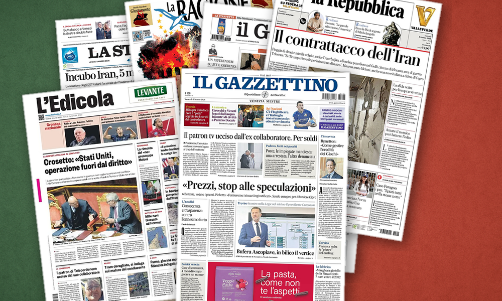 Collage delle prime pagine analizzate: Guerra, prezzi e referendum dividono le prime pagine