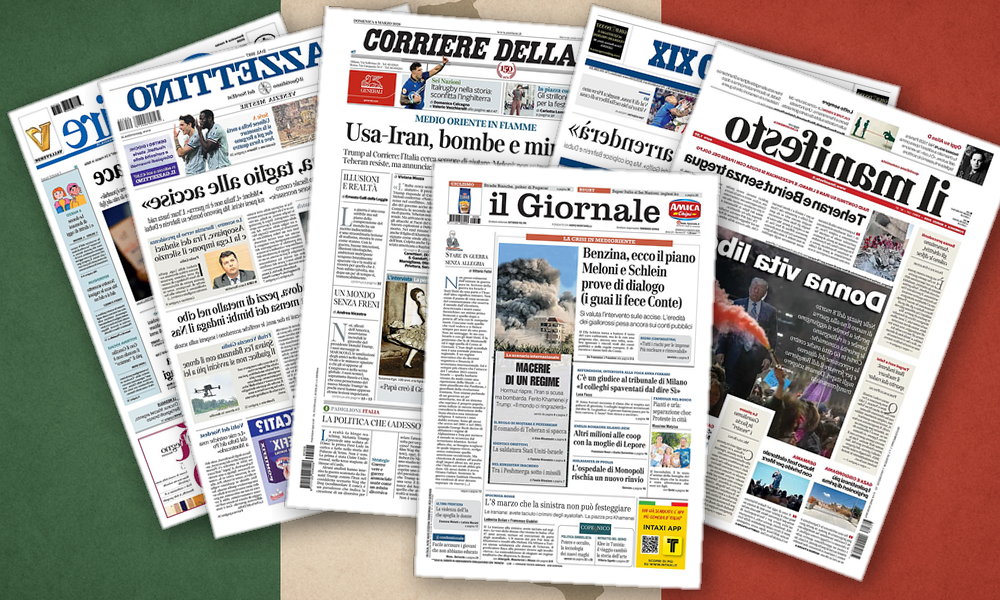 Collage delle prime pagine analizzate: Guerra, benzina e diritti: l’Italia in bilico