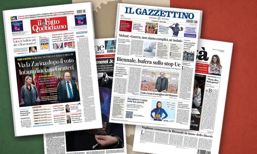 Collage delle prime pagine analizzate: Guerra, energia e giustizia dividono le prime pagine