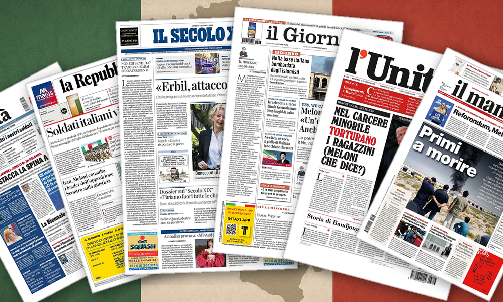 Collage delle prime pagine analizzate: Hormuz chiuso, Erbil colpita e Italia divisa