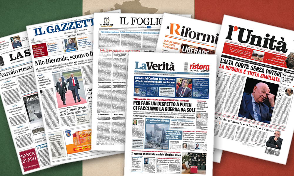 Collage delle prime pagine analizzate: Petrolio, giustizia e Biennale: fronti e fratture