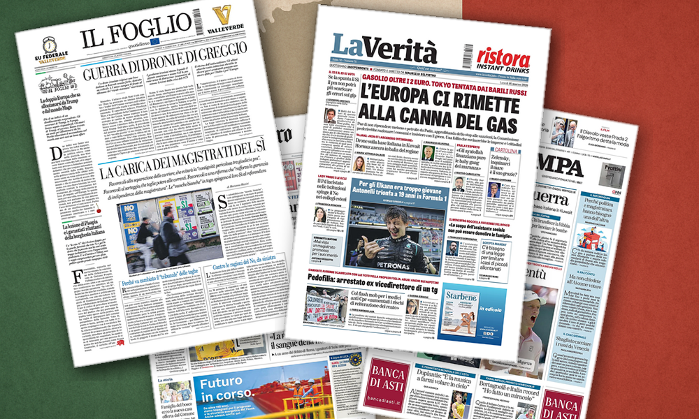 Collage delle prime pagine analizzate: Droni, greggio e toghe: l’Italia divisa