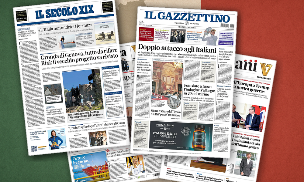 Collage delle prime pagine analizzate: Hormuz, referendum e bollette: fronti contrapposti