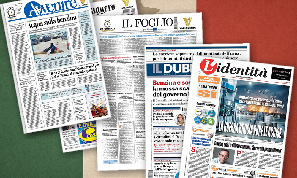 Collage delle prime pagine analizzate: Energia, benzina e referendum: lItalia si divide