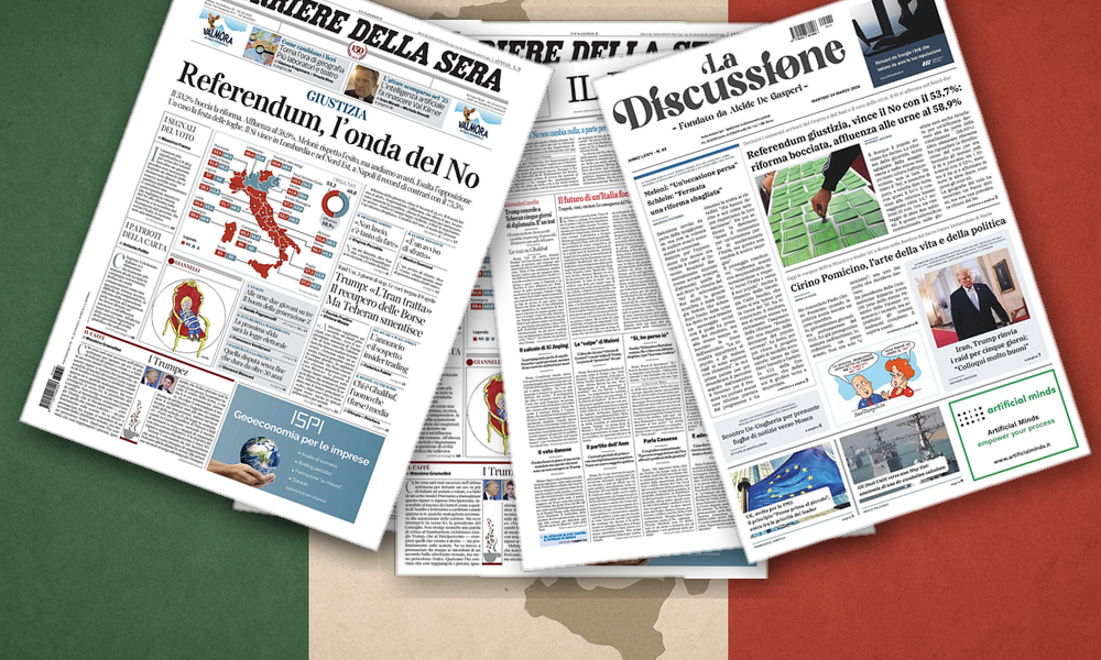 Collage delle prime pagine analizzate: Dopo il No, giornali divisi sull’Italia