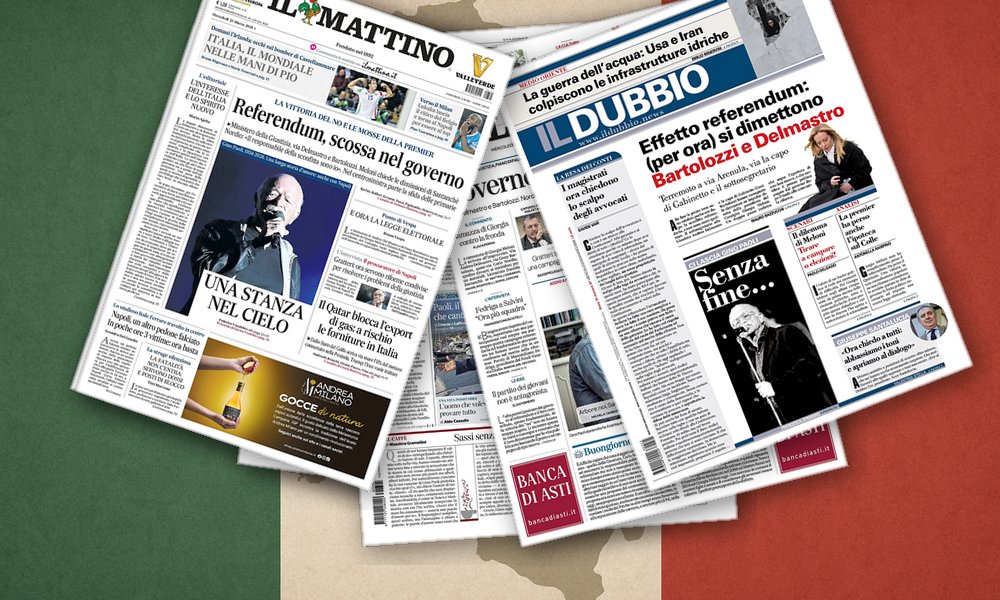 Collage delle prime pagine analizzate: Scosse al governo e trattative sul Golfo