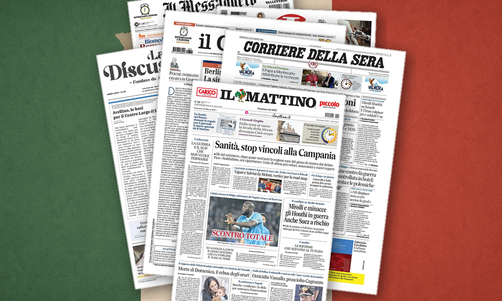 Collage delle prime pagine analizzate: Piazze, palazzo e guerra: l’Italia divisa