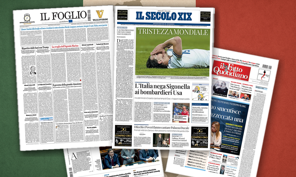 Collage delle prime pagine analizzate: Sigonella, rigori e paure d’Italia
