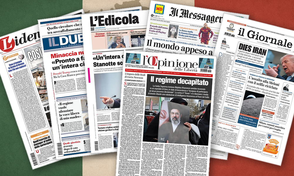 Collage delle prime pagine analizzate: Ultimatum sull’Iran e Italia divisa sulle basi