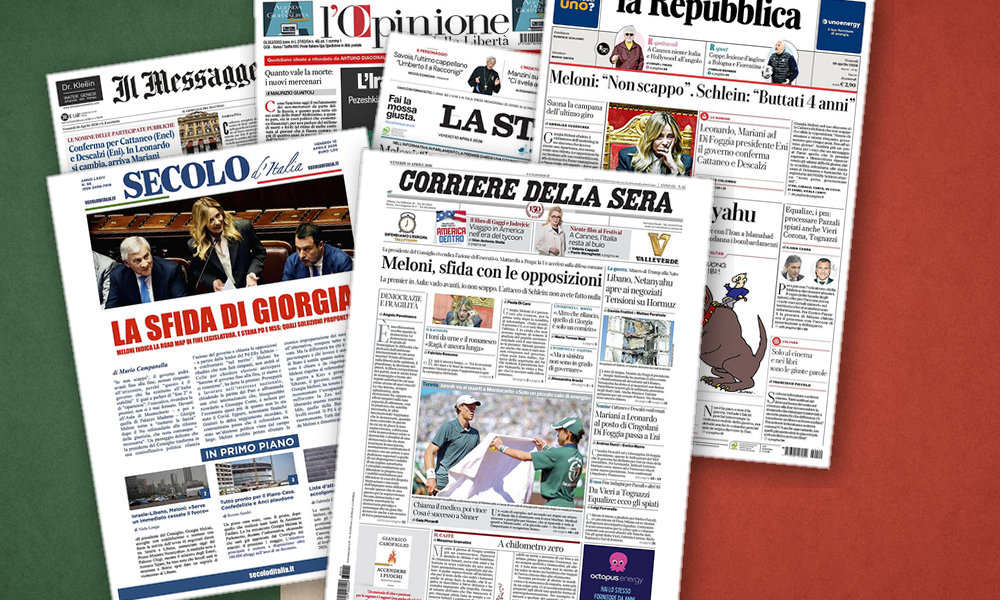 Collage delle prime pagine analizzate: Meloni sfida, Libano tratta: giornali divisi