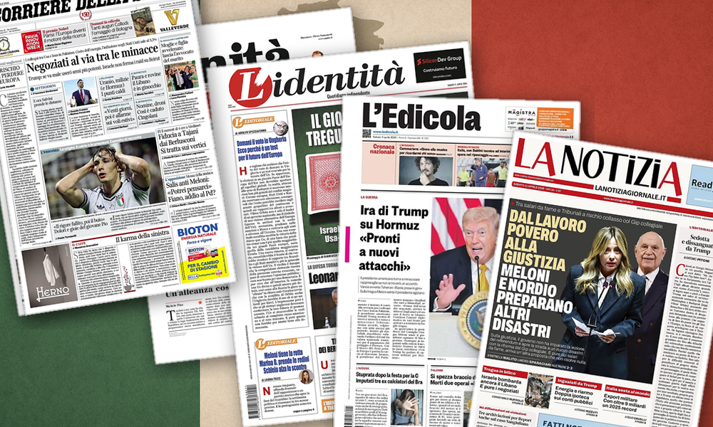 Collage delle prime pagine analizzate: Hormuz, pace e scosse politiche