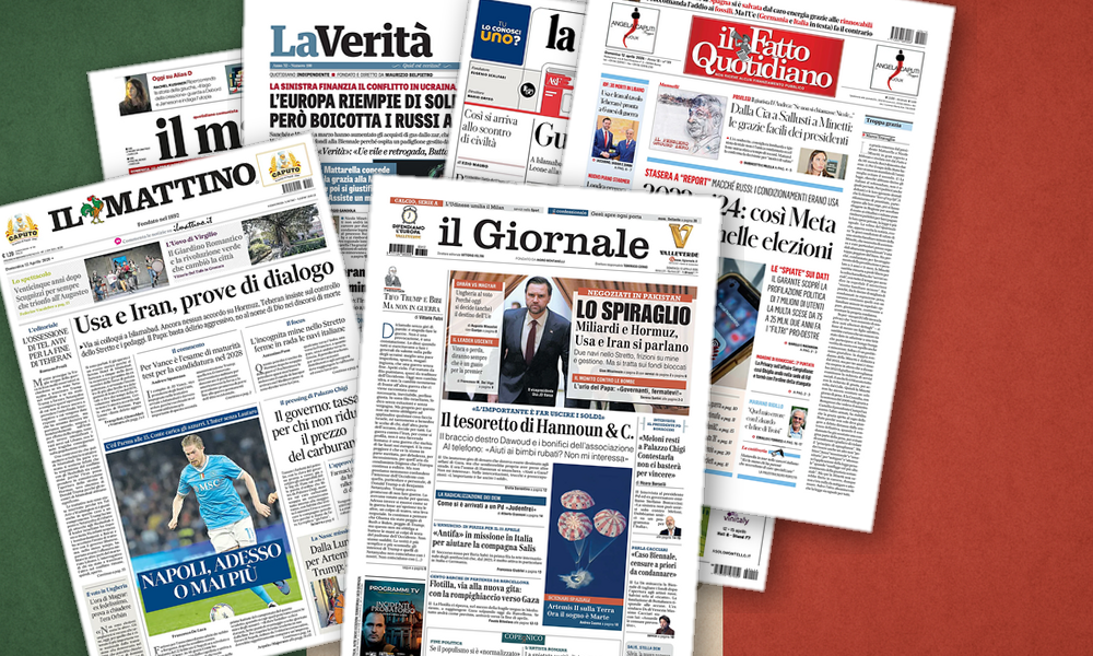 Collage delle prime pagine analizzate: Hormuz, Ungheria e Biennale: l’Italia legge il mondo