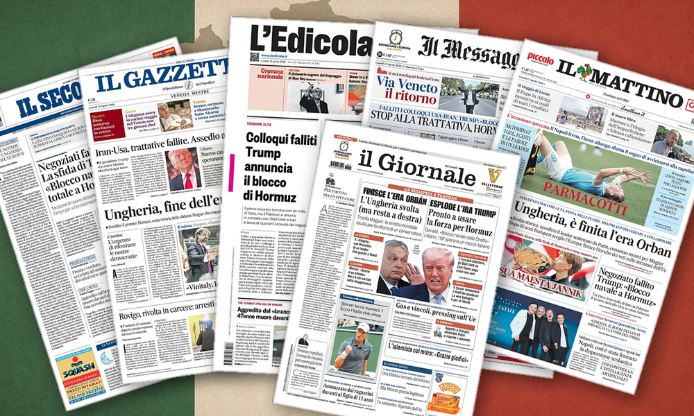 Collage delle prime pagine analizzate: Budapest cambia rotta, Hormuz si chiude