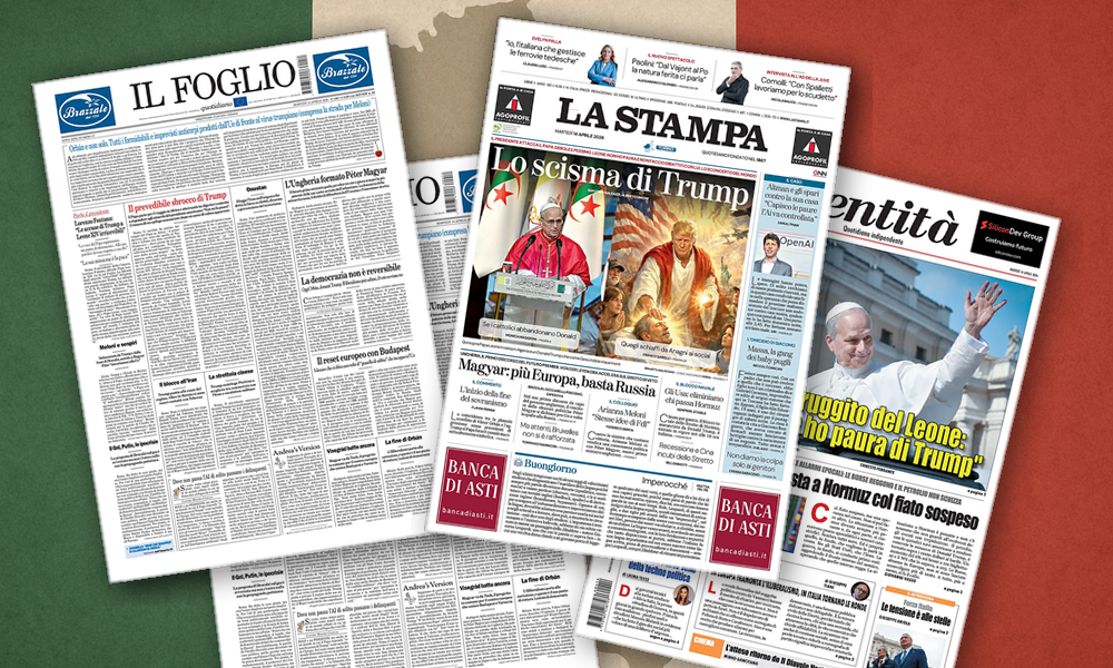Collage delle prime pagine analizzate: Trump, Papa e il dopo-Orbán