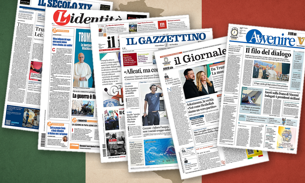 Collage delle prime pagine analizzate: Trump, Zelensky e il ribaltone Mps