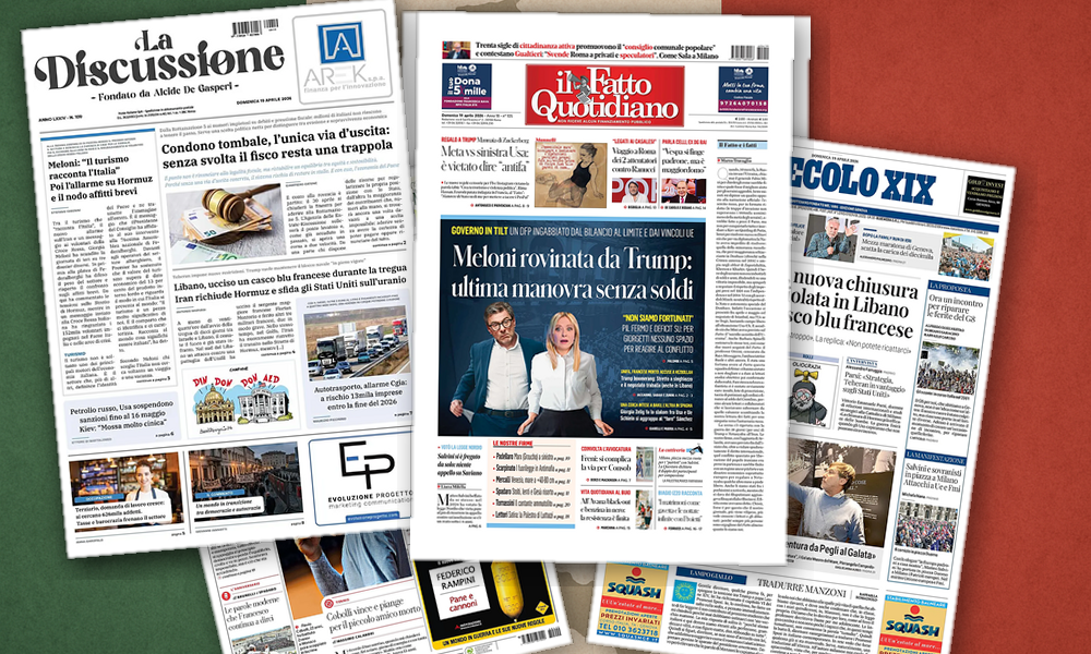 Collage delle prime pagine analizzate: Hormuz, Libano e piazze: l'Italia divisa