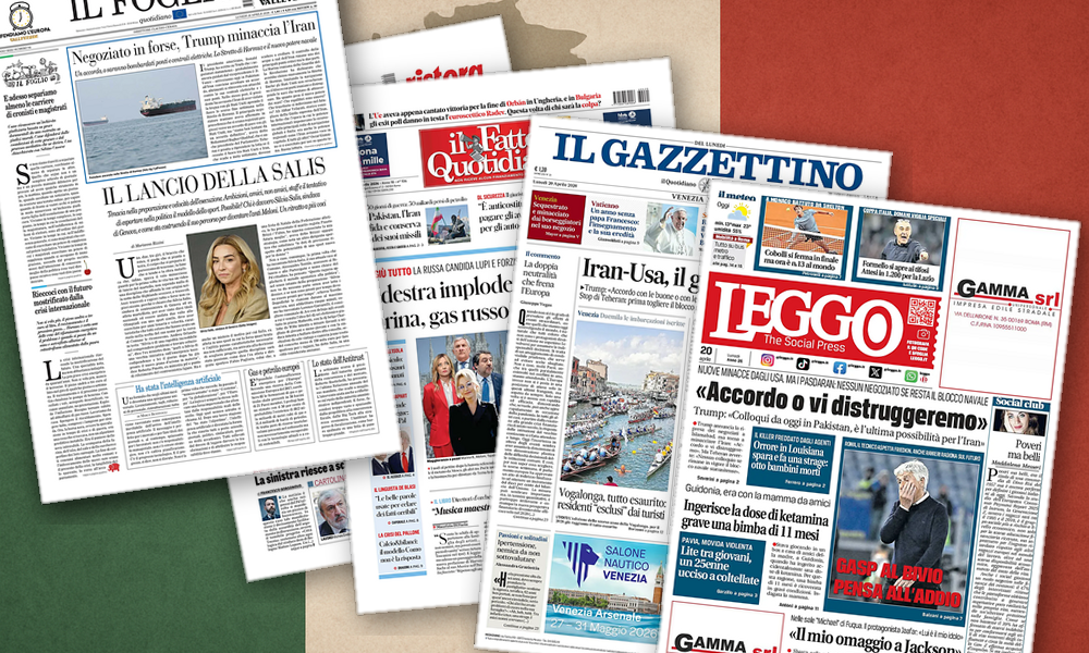 Collage delle prime pagine analizzate: Hormuz domina, l'Italia tra prudenza e scelte