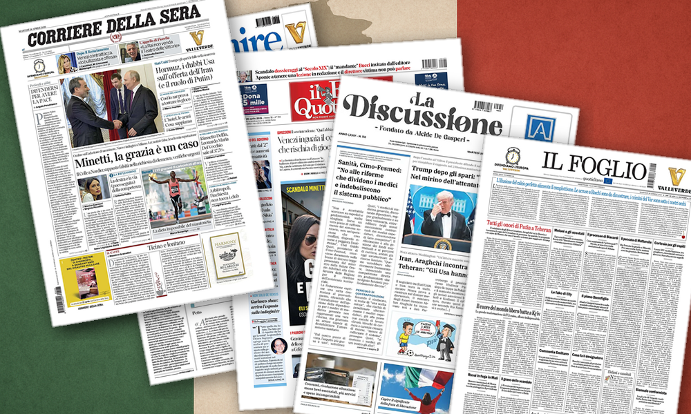 Collage delle prime pagine analizzate: Grazia Minetti, Hormuz e Trump dividono le prime pagine