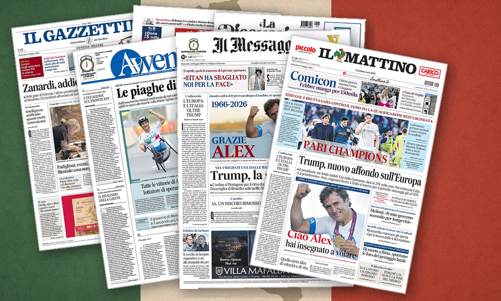 Collage delle prime pagine analizzate: Trump scuote l’Europa, l’Italia saluta Zanardi