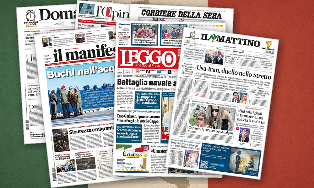 Collage delle prime pagine analizzate: Hormuz e Biennale: Italia tra alleati e identità