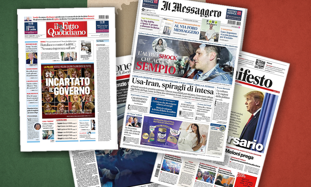 Collage delle prime pagine analizzate: Tra Hormuz, Vaticano e Biennale: i giornali si dividono