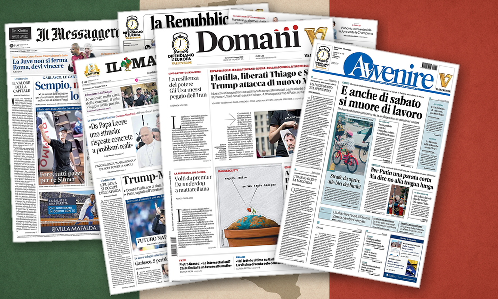 Collage delle prime pagine analizzate: Pace incerta, virus e giustizia in vetrina