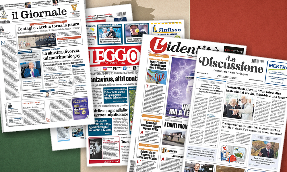 Collage delle prime pagine analizzate: Virus, Iran e cultura: fronti aperti