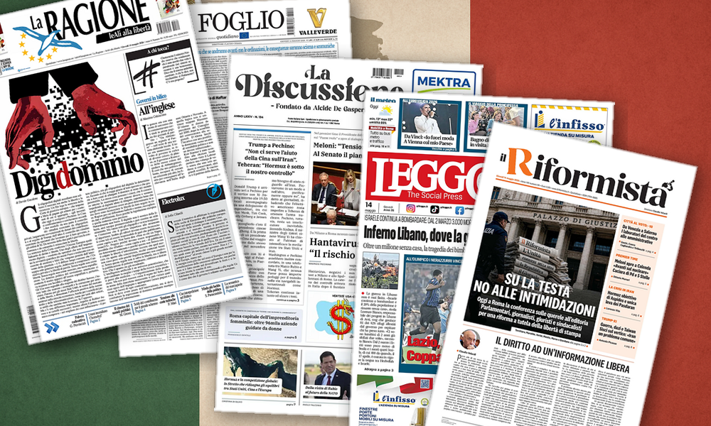 Collage delle prime pagine analizzate: Nucleare, Trump a Pechino, Hantavirus e giustizia