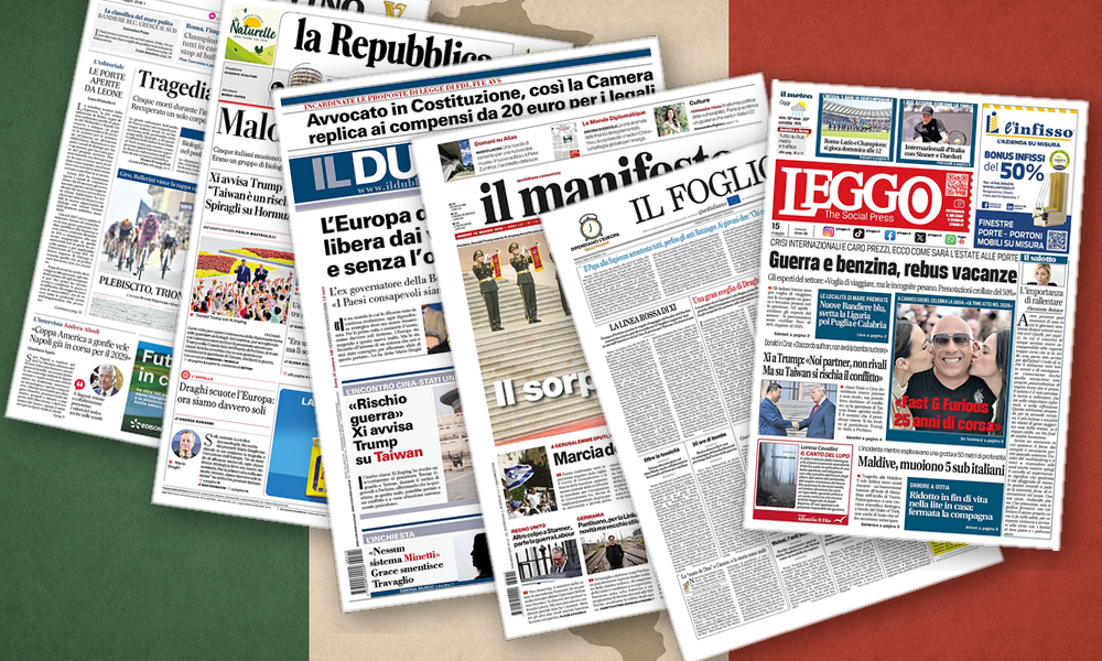 Collage delle prime pagine analizzate: Tra Pechino, Aquisgrana e Roma