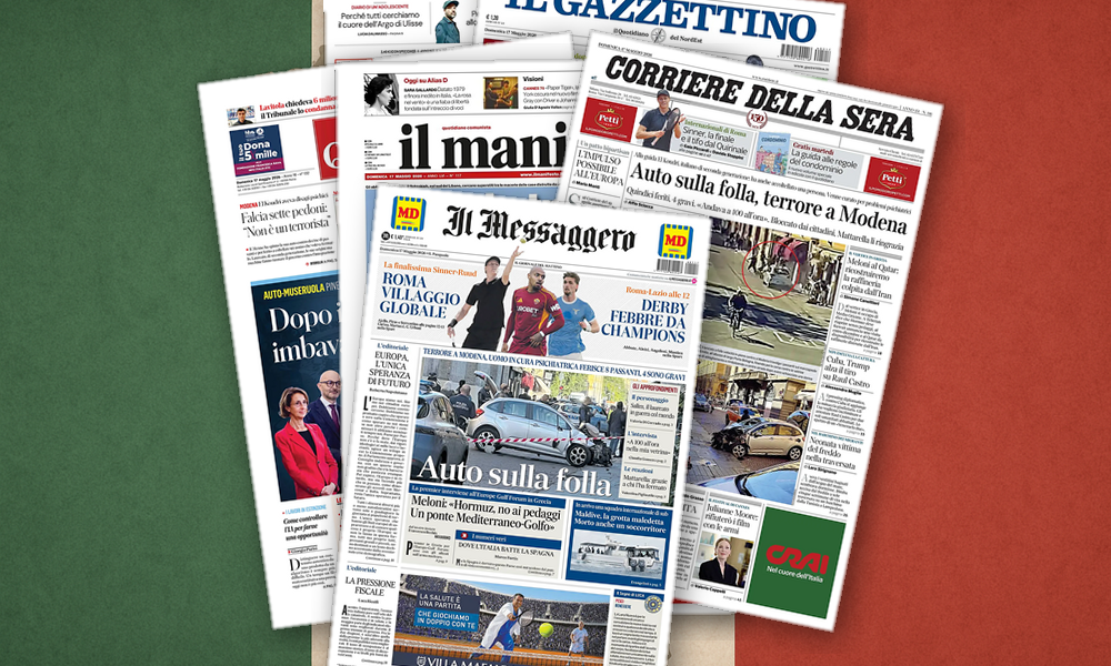 Collage delle prime pagine analizzate: Modena, Hormuz e migranti: l’Italia si specchia