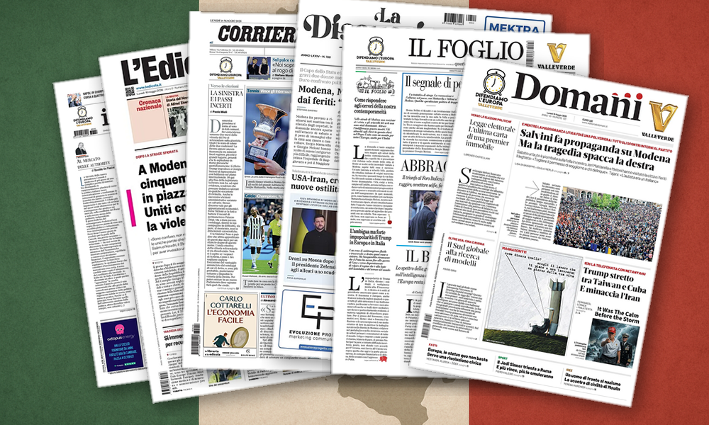 Collage delle prime pagine analizzate: Paura, orgoglio e manovre: l'Italia di oggi