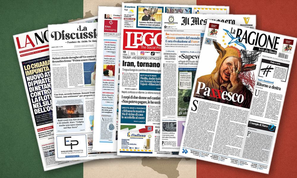 Collage delle prime pagine analizzate: Flotilla, Iran, Modena: l’Italia si specchia