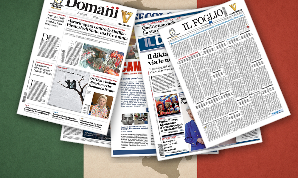 Collage delle prime pagine analizzate: Flotilla, riarmo e Modena dividono le prime pagine