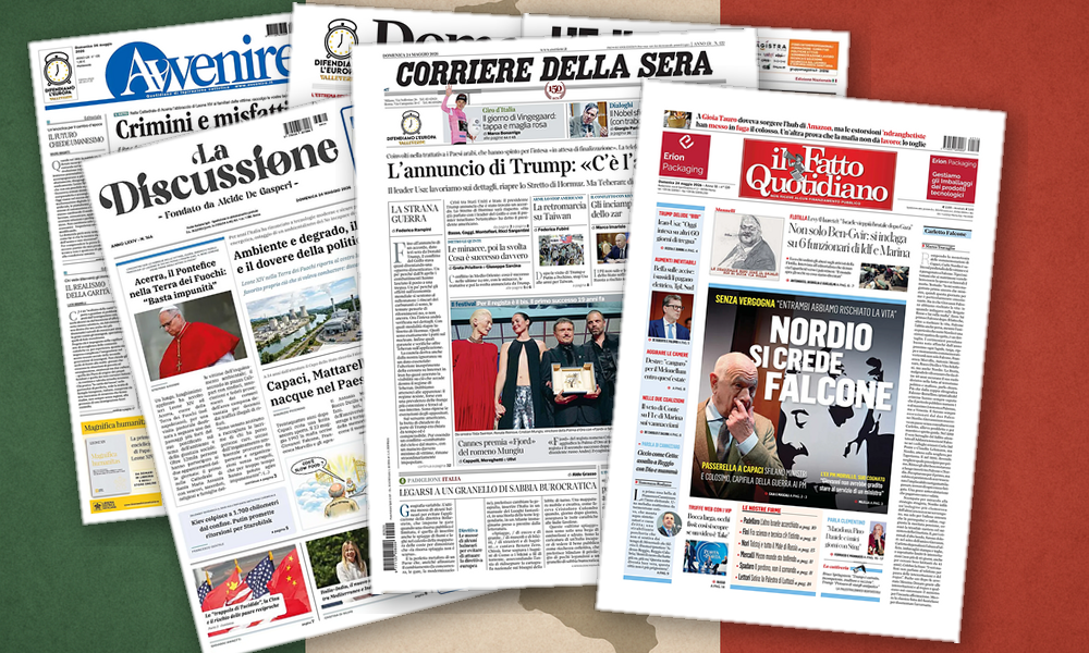 Collage delle prime pagine analizzate: Golfo, Terra dei fuochi e urne: l’Italia divisa