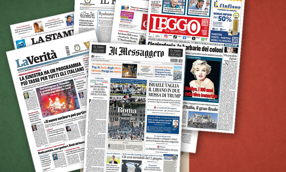 Collage delle prime pagine analizzate: Libano, migranti ed energia dividono le prime pagine