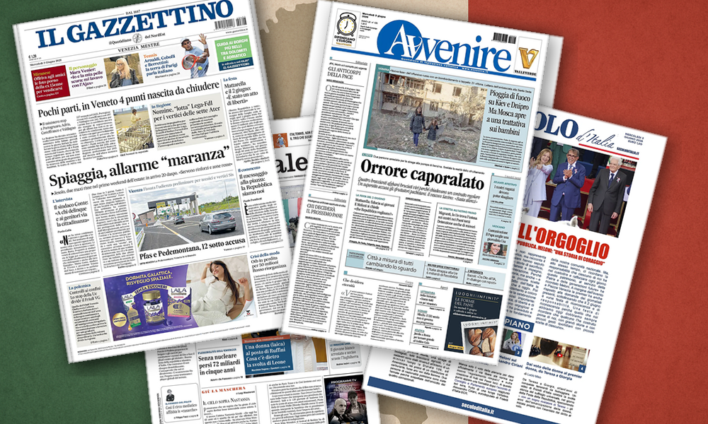 Collage delle prime pagine analizzate: Caporalato, 2 Giugno e crisi globali