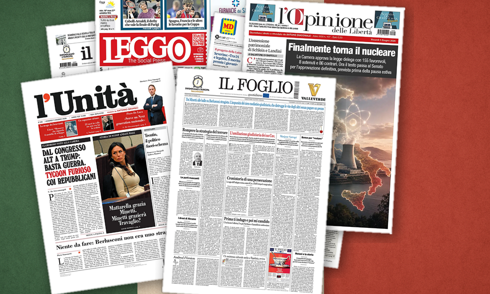 Collage delle prime pagine analizzate: Nucleare, giustizia e Libano: lItalia si specchia
