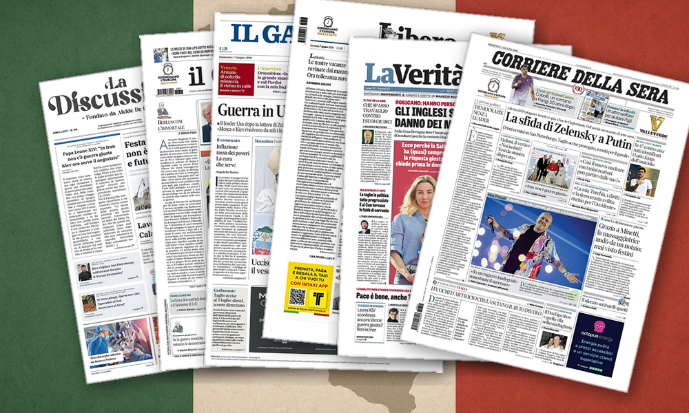 Collage delle prime pagine analizzate: Europa, benzina e polemiche: quattro Italie in edicola